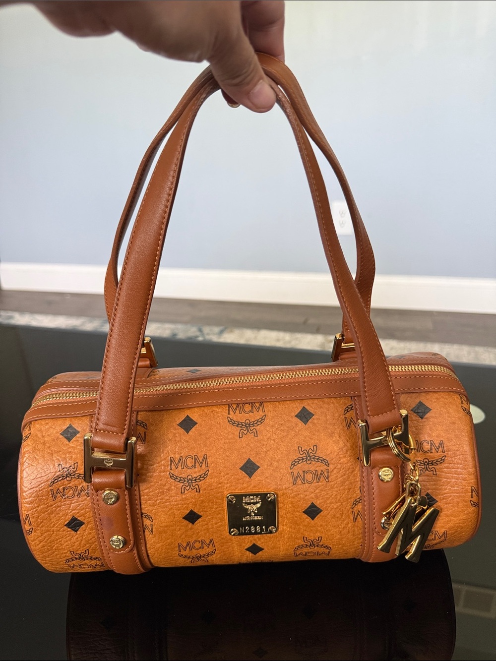 MCM Cognac Visetos Barrel Satchel with Gold Hardware